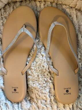Shade & Shore Tan Rhinestone T-Strap Sandals